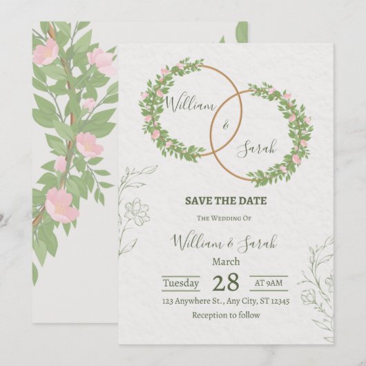 Elegant Floral Wedding Invitation Template  Kaart (Voorkant / Achterkant)
