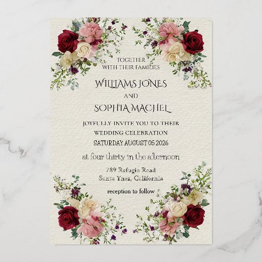 Elegant Floral Wedding Invitation & Timeline Card  Folie Uitnodiging (Voorkant)