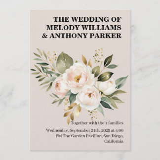 Elegant Floral Wedding Invitation | White Rose & E Kaart