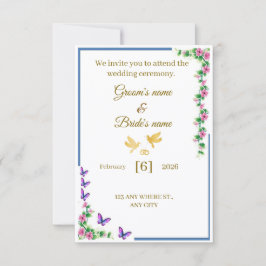 Elegant Floral Wedding Invitation with Butterflies Bedankkaart