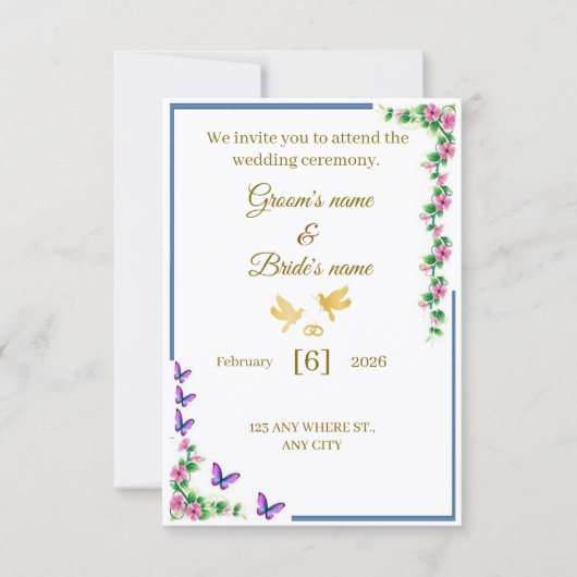 Elegant Floral Wedding Invitation with Butterflies Bedankkaart (Voorkant)
