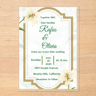 Elegant Floral Wedding Invitation with Gold Frame Acryl Uitnodigingen