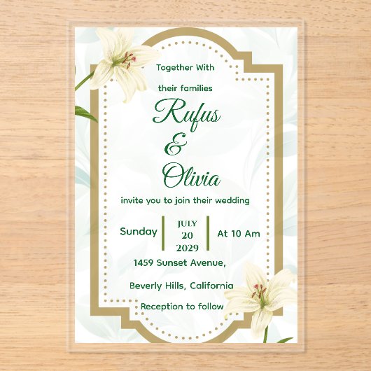 Elegant Floral Wedding Invitation with Gold Frame  Acryl Uitnodigingen (Voorkant)