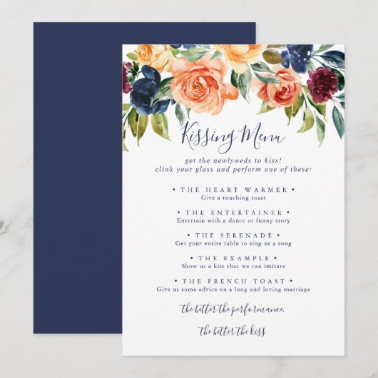 Elegant Floral Wedding Kissingmenu Spel Kaart (Voorkant / Achterkant)