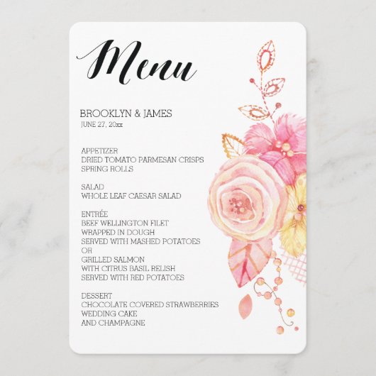 Elegant Floral Wedding Menu Pearls Lace (Voorkant)
