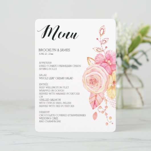 Elegant Floral Wedding Menu Pearls Lace (Staand voorkant)