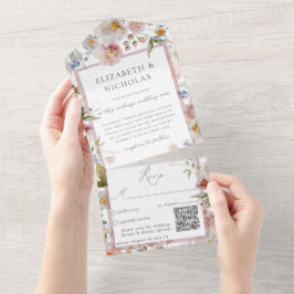 Elegant Floral Wedding QR Code All In One Uitnodiging