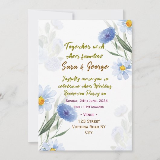 Elegant Floral Wedding Reception Invitations Kaart (Voorkant)