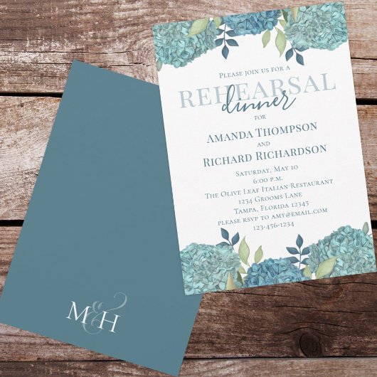Elegant Floral Wedding Rehearsal Blue Hydrangea Kaart