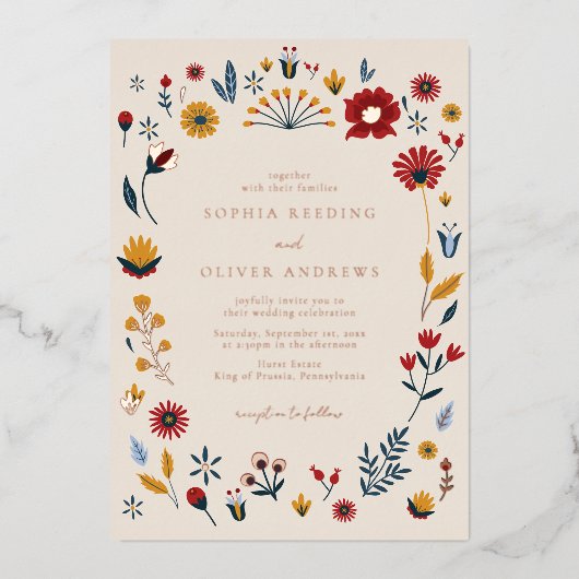Elegant Floral Wedding Roos Gold Foil Uitnodiging (Voorkant)