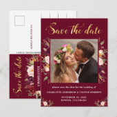 Elegant Floral Wedding Save the Date Burgundy Aankondigingskaart (Voorkant / Achterkant)