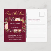 Elegant Floral Wedding Save the Date Burgundy Aankondigingskaart (Achterkant)