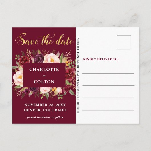Elegant Floral Wedding Save the Date Burgundy Aankondigingskaart (Achterkant)