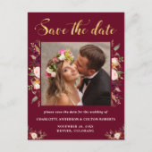 Elegant Floral Wedding Save the Date Burgundy Aankondigingskaart (Voorkant)