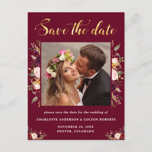 Elegant Floral Wedding Save the Date Burgundy Aankondigingskaart (Voorkant)