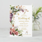 Elegant Floral Wedding-uitnodiging met Gold Theme Kaart (Staand voorkant)