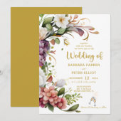 Elegant Floral Wedding-uitnodiging met Gold Theme Kaart (Voorkant / Achterkant)