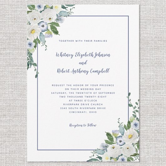 Elegant Floral Wedding Waterverf White Blue Chic Kaart
