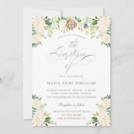 Elegant Floral White Beige Calligraphy Baptisme Kaart