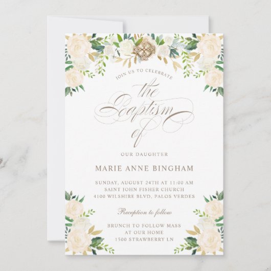 Elegant Floral White Beige Calligraphy Baptisme Kaart (Voorkant)