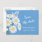 Elegant Floral White Daisies Blue Save the Date Aankondigingskaart (Voorkant / Achterkant)