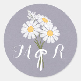 Elegant Floral White Daisies Monogram Wedding Ronde Sticker