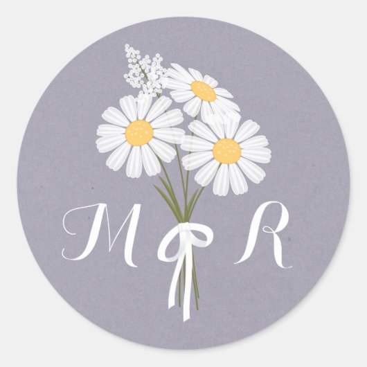 Elegant Floral White Daisies Monogram Wedding Ronde Sticker (Voorkant)