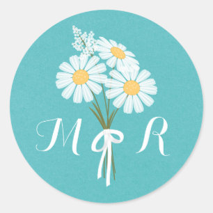 Elegant Floral White Daisies Monogram Wedding Ronde Sticker