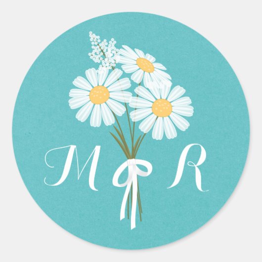 Elegant Floral White Daisies Monogram Wedding Ronde Sticker (Voorkant)