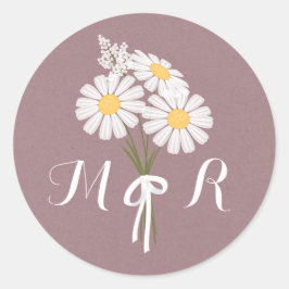 Elegant Floral White Daisies Monogram Wedding Ronde Sticker