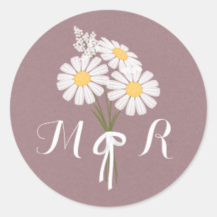 Elegant Floral White Daisies Monogram Wedding Ronde Sticker