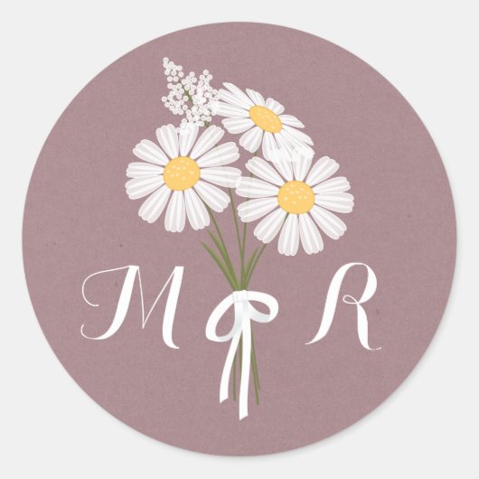 Elegant Floral White Daisies Monogram Wedding Ronde Sticker (Voorkant)