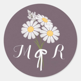 Elegant Floral White Daisies Monogram Wedding Ronde Sticker