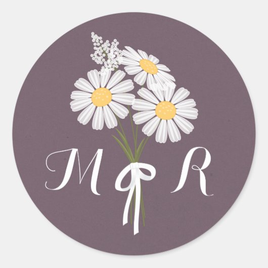 Elegant Floral White Daisies Monogram Wedding Ronde Sticker (Voorkant)