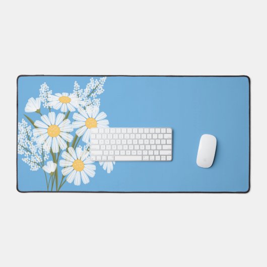 Elegant Floral White Daisies op blauw Bureaumat (Keyboard & Muis)
