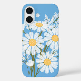 Elegant Floral White Daisies op blauw iPhone 16 Hoesje