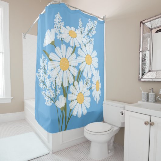 Elegant Floral White Daisies op blauw Douchegordijn (In situ)