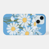 Elegant Floral White Daisies op blauw iPhone 15 Case (Achterkant horizontaal)