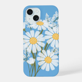 Elegant Floral White Daisies op blauw iPhone 15 Case