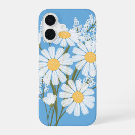 Elegant Floral White Daisies op blauw iPhone 16 Hoesje