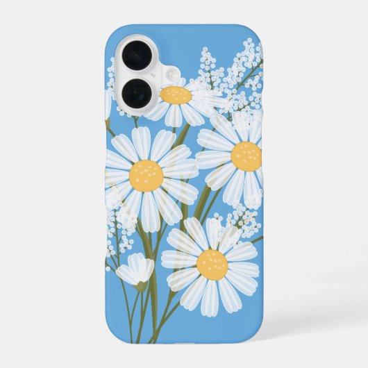 Elegant Floral White Daisies op blauw iPhone 16 Hoesje (Achterkant)