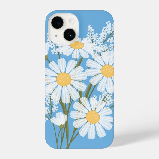 Elegant Floral White Daisies op blauw iPhone Hoesje (Achterkant)