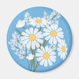 Elegant Floral White Daisies op blauw Magneet