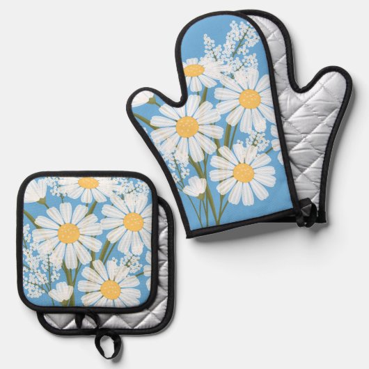Elegant Floral White Daisies op blauw Ovenwant & Pannenlap Set (Voorkant / Achterkant)
