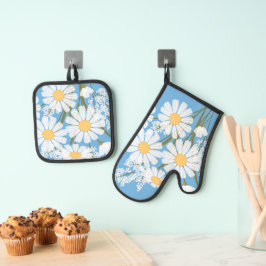 Elegant Floral White Daisies op blauw Ovenwant & Pannenlap Set