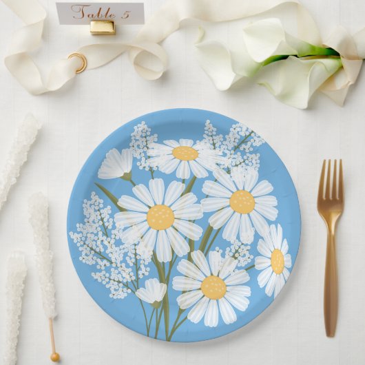 Elegant Floral White Daisies op blauw Papieren Bordje (Huwelijk)