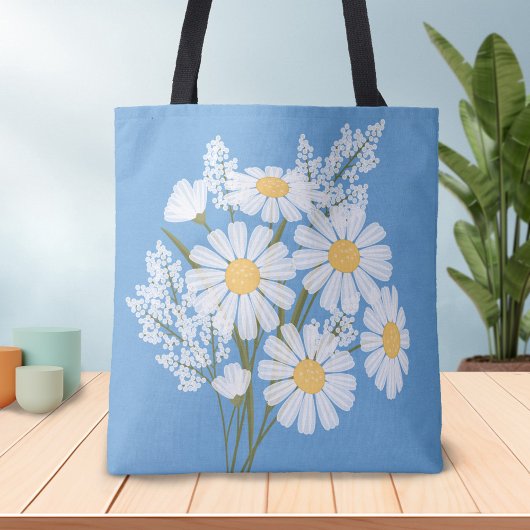 Elegant Floral White Daisies op blauw Tote Bag