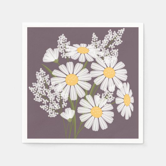 Elegant Floral White Daisies op donkere Paarse ton Servet (Voorkant)