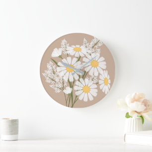 Elegant Floral White Daisies over Beige Grote Klok