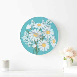 Elegant Floral White Daisies over Blauwgroen Grote Klok